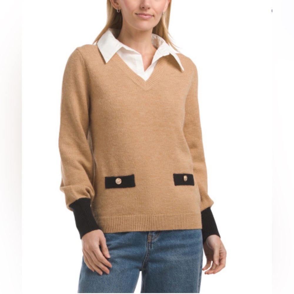 Nanette by Nanette Lepore Camel Long Sleeve Twofer Sweater. Size Small